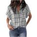 Women Summer Casual V Neckline Plaid Blouses Elegant Lapel Loose Tunic Shirt Short Sleeve Workout Tops XX-Large Gray