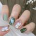 QINGGE Green Press on Nails Short Square Glossy Fake Nails Camellia Flowers Stick on Nails with Gold Line Glue on Nails White Swirl Acrylic Nails Summer Exquisite Static False Nails for Women 24Pcs 10-Green Flower