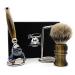 4 Pc Mens Shaving Kit 5 Edge Razor With Silver Tip Badger Hair Shaving Brush Stainless Steel Razor Stand and Brush Stand Perfect Set For Men