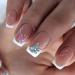 French Tip Press on Nails Pink Fake Nails Medium Length Glue on Nails Square False Nails with Pink Blue Butterfly Design White Tip Acrylic Press on Nails Cute Artificial Nails Glossy Stick on Nails Butterfly French