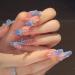 24 PCS Blue Long Press on Nails 3D Glitter Long Fake Nails with Rhinestones Bling French Sharp Pointed Finger Press on Nail Kit (Clear rhinestones blue)