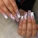 Foccna White Press on Nails Artificail Extra Long French Square Fake Nails Crystal Flowers Nails Acrylic Full Cover Long Fake Nails with Design Nail Tips for Women&Girls-24PCS Nails 8