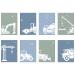 Waschilkind 8er poster set construction vehicles made of excavator street roller concrete mixer crane truck crane tractor excavator loader tilting truck |Picture children's baby boys' room in A4 |in blue green (without frame) A21 green blue light blue 8