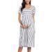 Love2Mi Womens Short-Sleeve Maternity Dress Casual A-Line Midi Pregnant Dress S White Black Stripe