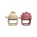 Silicone Baby Teether Set - Anti-Drop Teething Toy & Chew Mitten - Pain Relief Soothing 2 in 1 | Beige Chick & Dark Pink Triceratops - Buy Online on GoSupps.com