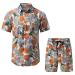 BEUU Cotton Linen 2 Piece Hawaiian Sets Summer Short Sleeve Button Down Shirts Vintage Boho Shorts Set Casual Beach Suit 178- Orange Large