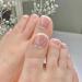 Foccna Square Press on Toenails French Fake Toenails Pink Toenails Press on Nails Acrylic Fake Toe Nails Foot False Nails Crystal Press on Toe Nail Tips 24pcs