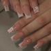 Foccna 3D Flower Fake Nails Square Pink French Press on Nails Long Bling Glossy Rhinestone False Nail Tips Artificial Nails Finger Manicure for Women and Girls 24pcs Nails 5