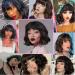 12 Inch Black Mixed Brown Highlights Short Curly Bob Wig with Bangs | Medium Wavy Shoulder Length Wig | Natural Looking Heat Resistant Fiber Hair for Women - BB1201NT - Buy Online on GoSupps.com