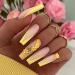 Justotry 24 pieces Coffin 3D nails for sticky Lemon French Artificial Nails Floral Ballerina Art Nail Press on Nails Pretty fingernails fake nails short for women lemon l2