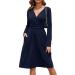 OUGES Women's Spring Casual Midi Dress Long Sleeve V-Neck Floral Ladies Wrap Dress with Pockets XXL Navy