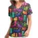 TUNUSKAT Womens Cute Scrub Tops Kawaii Cat Flower Print V Neck Tees Blouse Slim Short Sleeve Nurse Uniform With Pockets XX-Large 01*black