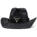 Western Cowboy Straw Hat Wide Brim Cowgirl Hat Men & Womens Vintage Beach Sun Hat with Hat Band Black 7-7 1/4