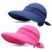 Yamitora 2 pieces of sun hat for women sun protection beach hat with zipper summer hat Broad clamp UV protection sun hat removable visor cap hat outdoor for golf travel hiking sightseeing marine blau and rose red polyester