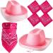 Tarpop 12 Set Pink Cowboy Hats Costume 12 Pink Cowgirl Hat 12 Paisley Bandanas for Western Cowgirl Party Costume Accessories Cute Style