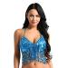 dPois Womens Glitter Sequin Tassel Halter Crop Top Belly Dance Sequin Bra Party Club Wear Costume Lake Blue One Size