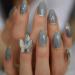 HUIL Artificial Nails Hot Alloy Butterfly Nail Art Designed False Nails Marble Medium Stilleto Press On Fingernails with Gold Line