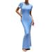 Maxi Dress for Women Short Sleeve Solid Color Round Neck Sexy Soft Elegant Long Bodycon Dresses M Blue