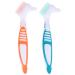 Autuuckee 2 Portable toothbrushes double -bristled head toothbrush prosthesis cleaning set with multi -layered bristles for dental care for cleaning false teeth green orange
