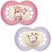 MAM Original Pure Night Soother 16+ Months (Set of 2) Sustainable and Bio-Renewable Baby Soother SkinSoft Silicone Teat Glow in the Dark Soother Pink/Purple (Designs May Vary) Night Pink