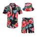 EISHOPEER Men's Flower Button Down Hawaiian Sets Casual Short Sleeve Shirt and Shorts Suits Pat_ Black & Red Flower (With Hat) Large