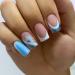 French Tip Press on Nails - Short Square Press On Nails with Nail Tips White edged Sparkling Blue and Light Blue Flowers press on nails Acrylic False Nails Cute Artificial Nails