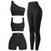 OQQ Women's 4 Piece Outfits Ribbed Exercise Scoop Neck Sports Bra One Shoulder Tops High Waist Shorts Leggings Active Set Black Medium
