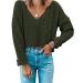 MIROL Women's Waffle Knit Cropped Top V Neck Long Sleeve Pullover Sweater Casual Solid Crop Sweatshirts Medium Armygreen
