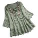 Plus Size Blouse for Women Vintage Lace Patchwork Bow V Neck Embroidery Shirts Three Quarter Solid Tops T-Shirt Green 3X-Large