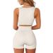 QINSEN Seamless Ribbed Workout Set for Women - Sport Bra & High Waist Shorts - Medium Beige - Buy Online on GoSupps.com