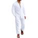 CTU Men's 2 Pieces Linen Set Long Sleeve Beach V-neck Button Down Shirts Summer Vacation Loose Yoga Pant with Pockets 1X White