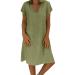 Women's Cotton Linen Tunic Dress Flowers Embroidered Maxi Dress Short Sleeve V Neck Plus Size Summer Mini Tunic Dress Green Medium