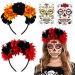 FRCOLOR Day of The Dead Headband  2Pcs Mexican Flower Crown Festival Headband with 2PCS Halloween Dead Tattoos for Costume Halloween (Red and Orange)
