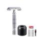 Double Edge Safety Razor TTO Butterfly Twist Open DE Shaving Razor with Razor Stand 10 Premium Blades and Mini Brush (SILVER RAZOR + BLACK STAND)