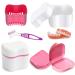 Hongecb denture box prostheses container prosthesis cup prosthesis box dentistry container with sieve with prostheses cleaner brushes for false teeth storage cleaning pink.