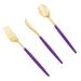 LLSF 90 PCS Gold Plastic Silverware-Gold Plastic Cutlery with Purple Handle-Heavyweight Disposable Flatware-Gold Plastic Utensils Set Include 30 Forks, 30 Spoons, 30 Knives TL02