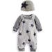 Infant Baby Boys Clothing Sets Newborn Baby Cotton Romper Outfits Suit Toddler Kids Pyjamas 3pcs Long Sleeves T-shirt + Star Pattern Dungarees+ Hat 0-24 Months Grey 6-9 Months