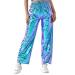 ODIZLI Womens Shiny Metallic High Waist Stretchy Jogger Pants Holographic Hip Hop Club Wear Streetwear Laser Blue Large