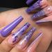 Foccna Purple Press on Nails Long Butterfly Fake Nails Coffin Bling Glossy Rhinestone False Nail Tips Artificial Nails Finger Manicure for Women and Girls -24pcs