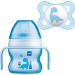 MAM Starter Cup and MAM Handles with 0+ Months Start Soother Baby Cup for 4+ months Baby Feeding 1x 150 ml Blue (Designs May Vary) Blue 2 Piece Set Blue with Soother