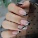 Coffin Shape Fake Nails French Tip Press on Nails Medium Length Acrylic Nails Black Sliver Wave False Nails with Design Full Cover Artificial Nails Black Nail Tips Glossy Glue on Nails for Women 24Pcs