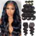 Brazilian Body Wave 3 Bundles with Closure (14 16 18 +12 Closure)100% Unprocessed Body Wave Human Hair Weave with 4x4 Free Part Lace Closure Natural Color (Bundles with Closure) 14 16 18+ 12 Inch