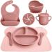 Newtay 8 Pack Baby Feeding Eating Supplies Silicone Suction Divided Plate Bibs Bowl Placemat Spoon and Fork Cup with Straw Tableware Set for Toddler (Dark Pink) 1.0 Count
