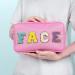Nylon Waterproof Preppy Makeup Bag - Girls Chenille Letter Travel Organizer Pouch for Toiletries & Cosmetics, Pink-Face - Buy Online on GoSupps.com
