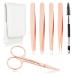 Precision Eyebrow Tweezers Set Pack of 6 for Women Ingrown Facial Hair Removal Pointed Rose Gold Tweezers Scissors Brush Kit for Splinter with Leather Case Gift