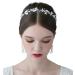 SWEETV Bridal Pearl Headband Silver-Leaf Crystal Bridal Headpiece Wedding Hair Accessories Jewelry Tiara for Women  Diameter: 14.5 cm