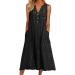 Women Casual Dress Summer Stripe Button V Neck Sleeveless with Pocket Long Dresses Holiday Beach Dress Black XX-Large