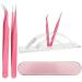 Eyelash Extension Tweezers Kit with 2pcs Black Tweezers and Storage Case 6 HolesTweezer Display Stand fit Lash Extension Professional Makeup Tool (Pink)