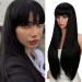 Kalyss 28 inches Women's Silky Long Straight Black Wig Heat Resistant Synthetic Wig With Bangs Hair Wig for Women Black 1B