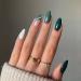 Justotry 24 pieces press on nails almond Kurz Dark Green and White Swirl fingernails to stick on acrylic oval nails to stick on french artificial nails short for women nails art dark teal
